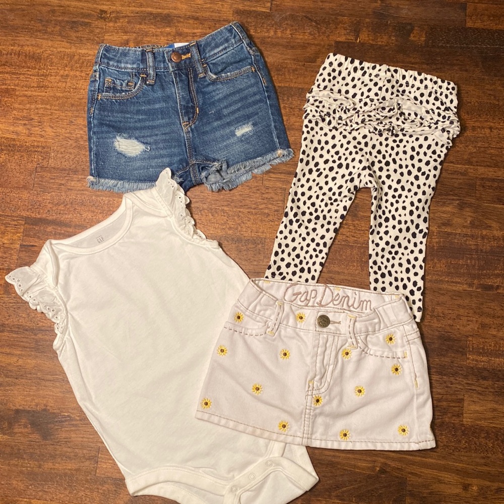 18-24 Month Gap Skirt, Gap Onesie Ruffle Sleeve, Jean Shorts, Leopard leggings